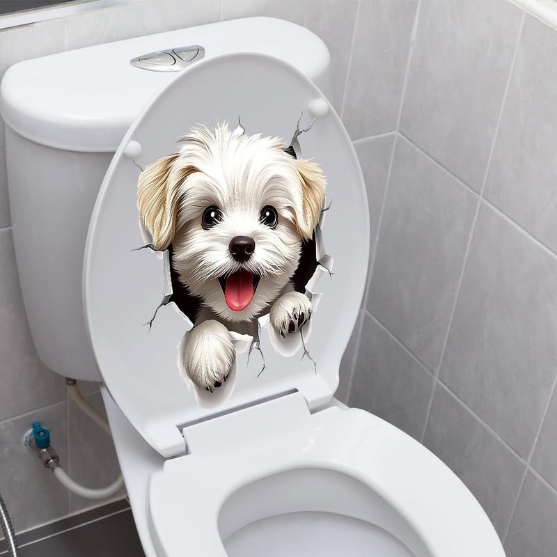 Iprokiu Cute Animal Toilet Sticker Waterproof 3D Funny Dog Cracking Toilet Seat Lid Decal Bathroom Wall Sticker Squirrel Toilet Lid Decal Home Decoration (White Dog) - Image 1